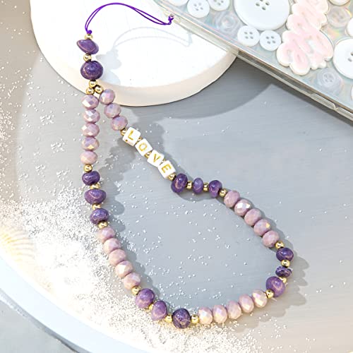 Universale Handykette Perlen Handyanhänger,Handy Schlüsselban Handy Lanyard Telefon Anhänger Seil Bunte Love Kristall Stein Perlen Telefon Kette Strap für Frauen,Auto Schlüsselanhänge,30cm Violett von Duories