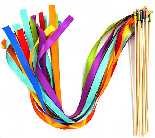 Zauberstäbe mit Band Glocken,10 Stück Luftschlangen Seide Fee Stick,Wedding Twirling Streamers Ribbon Wedding Wands Stick für Hochzeit Partys Babypartys Geburtstag Urlaub Feiern Weihnachten,Regenbogen von Duories