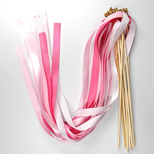 Zauberstäbe mit Band Glocken,10 Stück Luftschlangen Seide Fee Stick,Wedding Twirling Streamers Ribbon Wedding Wands Stick für Hochzeit Partys Babypartys Geburtstag Urlaub Feiern Weihnachten,Rosa von Duories