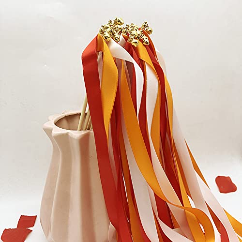 Zauberstäbe mit Band Glocken,50 Stück Luftschlangen Seide Fee Stick,Wedding Twirling Streamers Ribbon Wedding Wands Stick für Hochzeit Partys Babypartys Geburtstag Urlaub Feiern Weihnachten,Rot+Orange von Duories