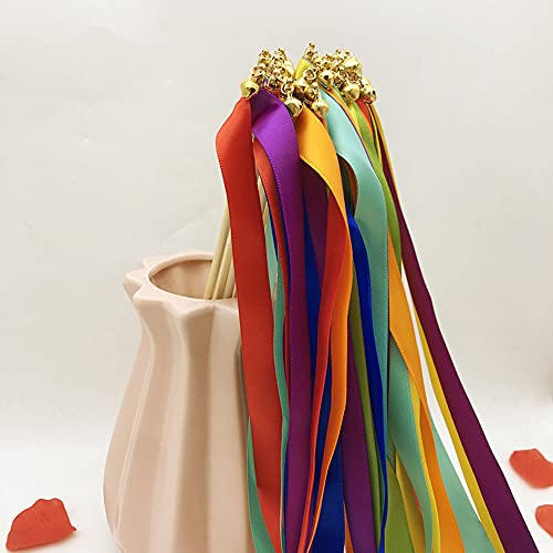 Zauberstäbe mit Band Glocken,50 Stück Luftschlangen Seide Fee Stick,Wedding Twirling Streamers Ribbon Wedding Wands Stick für Hochzeit Partys Babypartys Geburtstag Urlaub Feiern Weihnachten,Regenbogen von Duories