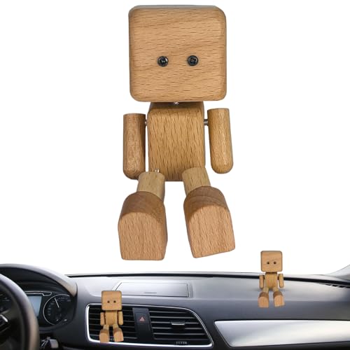 Duqulle Schüttelnde Holzfigur, Lustige Holzpuppe Mit Wackelnden Füßen, Schwingende Dekoration Fürs Armaturenbrett, Autozubehör, Holzroboter-Dekoration, Niedliche Ornamentes Für Reisen Und Zuhause von Duqulle