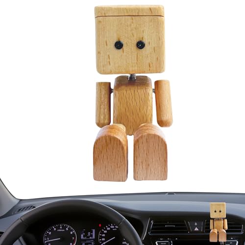Duqulle Schüttelnde Holzfigur, Lustige Holzpuppe Mit Wackelnden Füßen, Schwingende Dekoration Fürs Armaturenbrett, Autozubehör, Holzroboter-Dekoration, Niedliche Ornamentes Für Reisen Und Zuhause von Duqulle