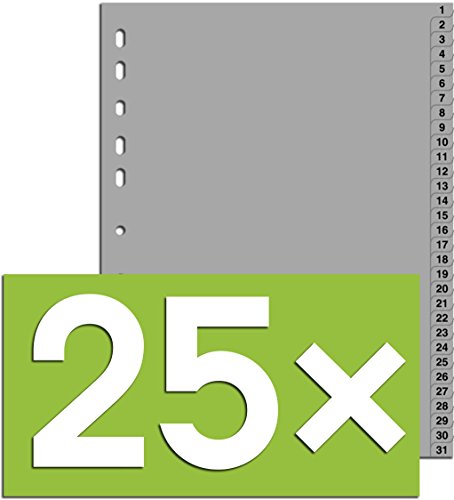 25er Packung Durable Hunke & Jochheim Register 1 - 31, (PP, DIN A4, 215/230 x 297 mm) 31 Blatt grau (25, Register 1 - 31) von Durable