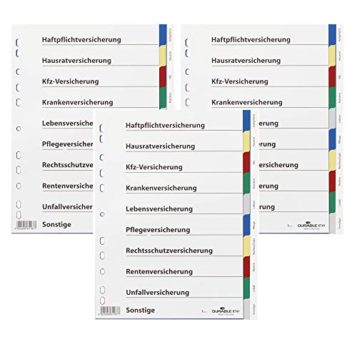 3er Pack DURABLE Versicherungsregister/6741-27 DIN A4 farbiger Ablauf Hartfolie von Durable