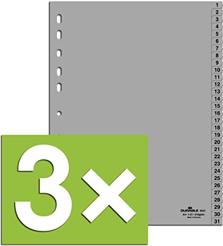 3er Pack Durable Hunke & Jochheim Register 1-31, (PP, DIN A4, 215/230 x 297 mm) 31 Blatt grau (3, Register 1-31) von Durable