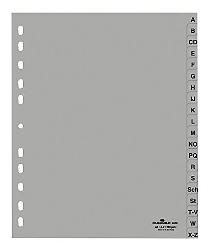 5er Pack Durable Ordnerregister DIN A4, A-Z, grau, 1 Stück, 6520-10 von Durable