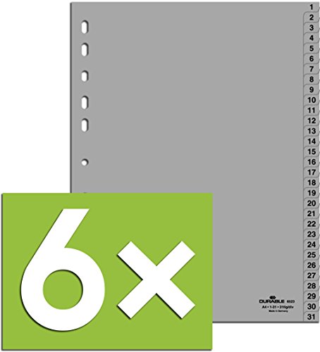 6er Pack Durable Hunke & Jochheim Register 1-31, (PP, DIN A4, 215/230 x 297 mm) 31 Blatt grau (6, Register 1-31) von Durable