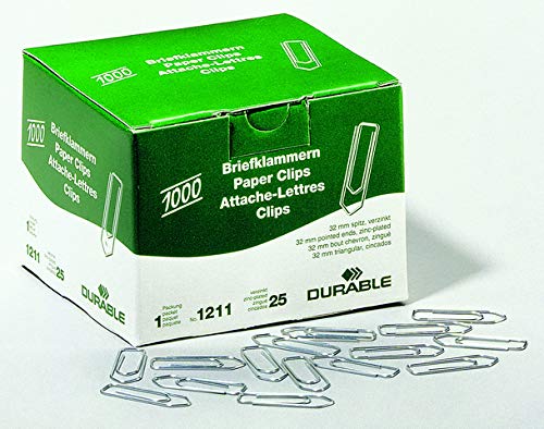 DURABLE Büroklammer, spitz, Metall, verzinkt, Länge: 32 mm (1.000 Stück), Sie erhalten 1 Packung á 1000 Stück von Durable