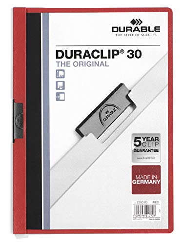 Durable Klemm-Mappe Duraclip Original 30 (für 1-30 Blatt A4), 25 Stück, rot, 220003 von Durable