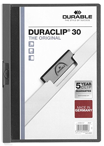 Durable Klemm-Mappe Duraclip Original 30 (für 1-30 Blatt A4), 25 Stück, anthrazit/grau, 220057 von Durable
