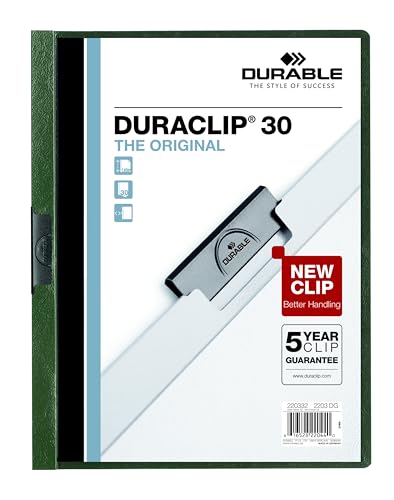 Durable 220332BX, Dokumentenmappe mit Duraclip, für bis zu 30 Seiten, transparenter Einband, Dunkelgrün, 25 Stück pro Box von Durable