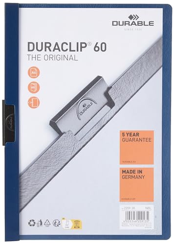 Durable Klemm-Mappe Duraclip Original 60, Hartfolie, bis zu 60 Blatt A4, nachtblau, 25er Packung, 220928 von Durable