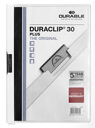 Durable Klemm-Mappe Duraclip 30 Plus, Hartfolie, bis 30 Blatt A4, weiß, 221302 von Durable