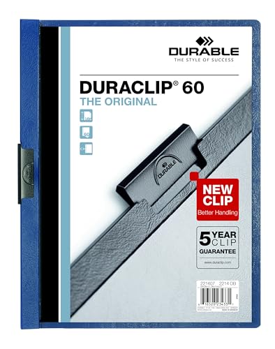 Durable 221407BX, Dokumentenmappe mit Duraclip, für bis zu 60 Seiten, transparenter Einband, dunkelblau, 25 Stück pro Box von Durable