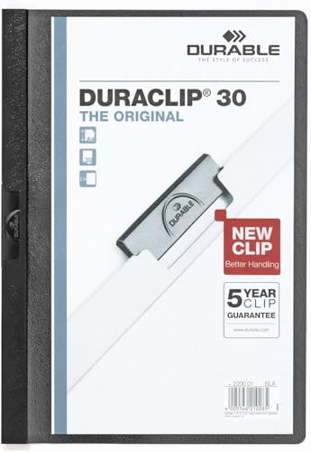 Durable Klemm-Mappe Duraclip (Original 30, Hartfolie, bis 30 Blatt A4) 5 Stück, schwarz, 222701 von Durable