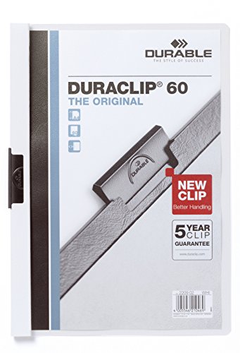 Durable Klemm-Mappe Duraclip (Original 60, Hartfolie, bis 60 Blatt A4, Beutel à 5 Stück) weiß, 223802 von Durable
