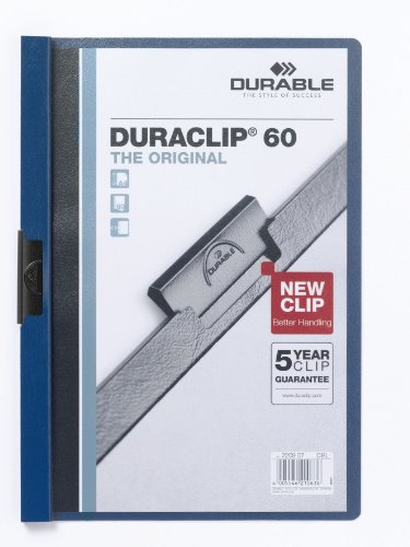 Durable Klemm-Mappe Duraclip (Original 60, Hartfolie, bis 60 Blatt A4, Beutel à 5 Stück) dunkelblau, 223807 von Durable