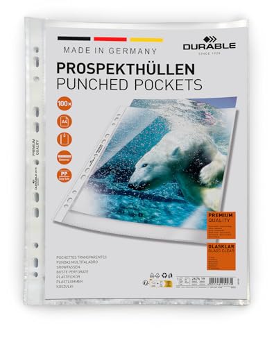 Durable 267619 Prospekthüllen (DIN A4 Premium extra stark, 0,08 mm) 100 Stück glasklar von Durable