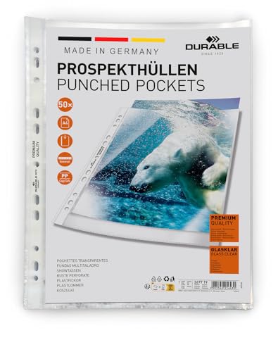 Durable Prospekthüllen (DIN A4 Premium, 0,08mm) Made in Germany, 50 Stück, glasklar, 267719 von Durable