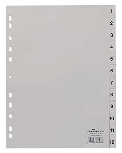 Durable 651210 Zahlenregister (Din A4, geprägte Taben 1-12, PP volldeckend) 1 Stück, grau von Durable