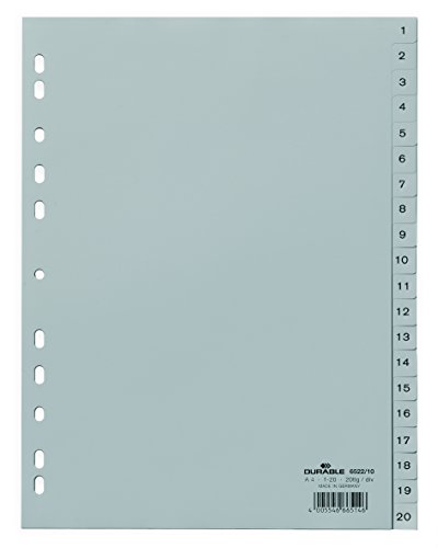 Durable Zahlenregister (A4, geprägte Taben 1-20, PP volldeckend) 20 Stück, grau, 652210 von Durable