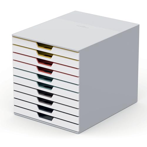 Durable Schubladenbox A4 (Varicolor Mix), Schreibtisch-Schubladenset mit 10 farbigen Fächern, mit Etiketten zur Beschriftung, 763027 von Durable