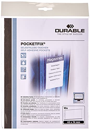 Durable Pocketfix Selbstklebetaschen für Einsteckschilder, 46 x 76 mm, 74 x 43 mm, 10 Stück, transparent, 802219 von Durable