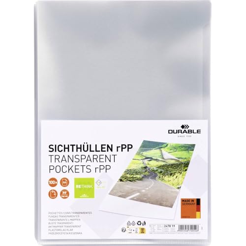 Durable Klarsichthüllen A4, aus recyceltem PP, 100 Stück, seitlich offen, 247819 Durable Klarsichthüllen A4, aus recyceltem PP, 100 Stück, seitlich offen, 247819 von Durable