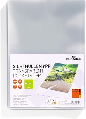 Durable Klarsichthüllen A4, aus recyceltem PP, 100 Stück, seitlich offen, 247819 von Durable