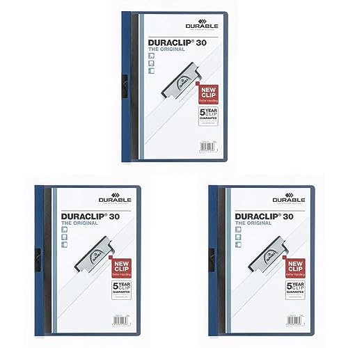 Durable Klemm-Mappe Duraclip (Original 30, Hartfolie, bis 30 Blatt A4, Beutel à 5 Stück) dunkelblau, 222707 (Packung mit 3) von Durable