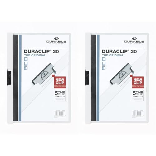 Durable Klemm-Mappe Duraclip (Original 30, Hartfolie, bis 30 Blatt A4, Beutel à 5 Stück) weiß, 222702 (Packung mit 2) von Durable