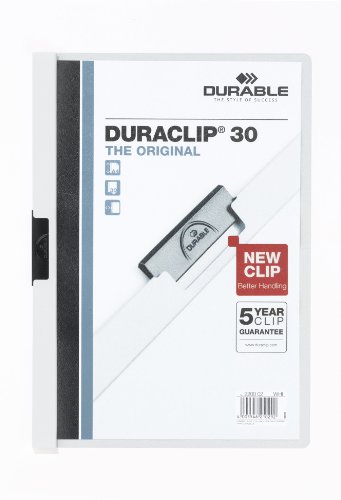 Durable Klemm-Mappe Duraclip (Original 30, Hartfolie, bis 30 Blatt A4, Beutel à 5 Stück) weiß, 222702 von Durable