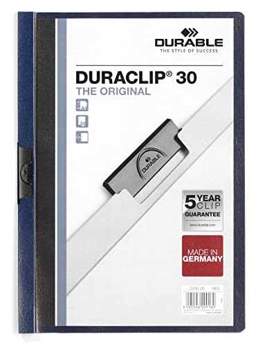 Durable Klemm-Mappe Duraclip Original 30, Hartfolie, bis 30 Blatt A4, nachtblau, 25er Packung, 220028 von Durable