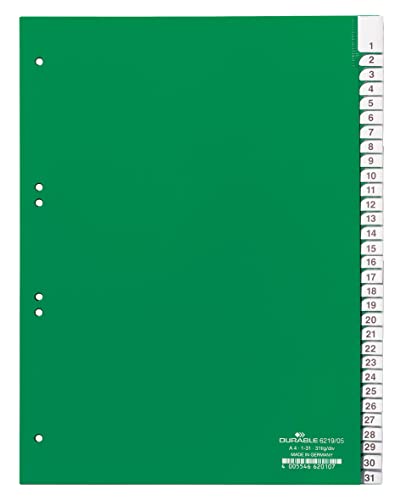 Durable Kunststoffregister 1-31, A4 hoch, volldeckend, grün, 621905 von Durable