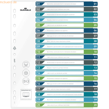 Durable Ordnerregister PP 1-20 farbige Taben beschriftbar A4+ hoch 245 von Durable