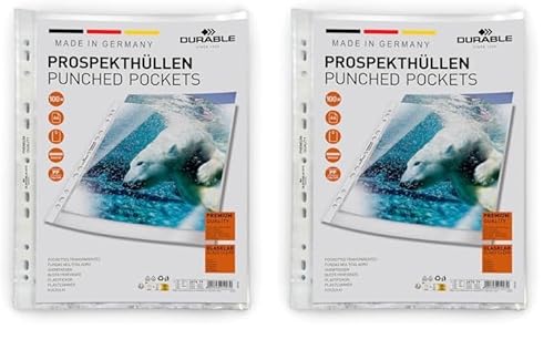Durable Prospekthüllen (Klarsichthüllen A4 Premium extra stark, 0,08mm) 100 Stück, glasklar, 267619 (Packung mit 2) von Durable