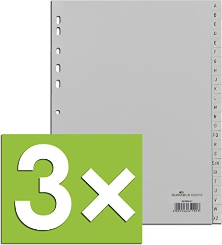 Durable Register A -Z, DIN A4, Grau, PP, Universallochung, 24-teilig (Grau, 3er Pack) von Durable