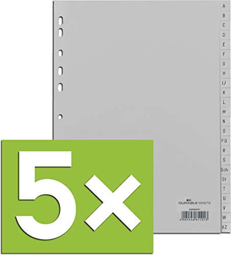 Durable Register A -Z, DIN A4, Grau, PP, Universallochung, 24-teilig (Grau, 5er Pack) von Durable
