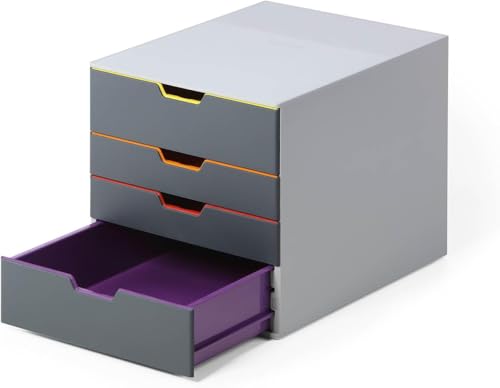 Durable Schubladenbox A4 (Varicolor) 4 Fächer, mit Etiketten zur Beschriftung, mehrfarbig, 760427 von Durable