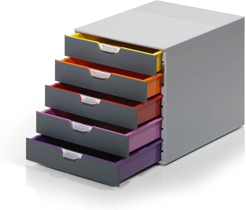 Durable Schubladenbox A4 (Varicolor) Ablagebox 5 Fächer, mit Etiketten zur Beschriftung, mehrfarbig, 760527 von Durable
