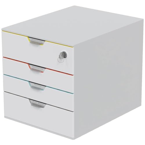 Durable Schubladenbox A4 (Varicolor Mix Safe) 4 Fächer, mit Schloss & Etiketten zur Beschriftung, mehrfarbig, 762627 von Durable