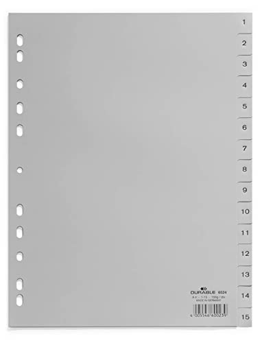 Durable Zahlenregister (A4, geprägte Taben 1-15, PP volldeckend) 20 Stück, grau, 652410 von Durable