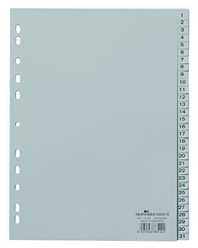 Durable Zahlenregister (A4, geprägte Taben 1-31, PP volldeckend) , grau, 652310 , 10 Stück (1er Pack) von Durable