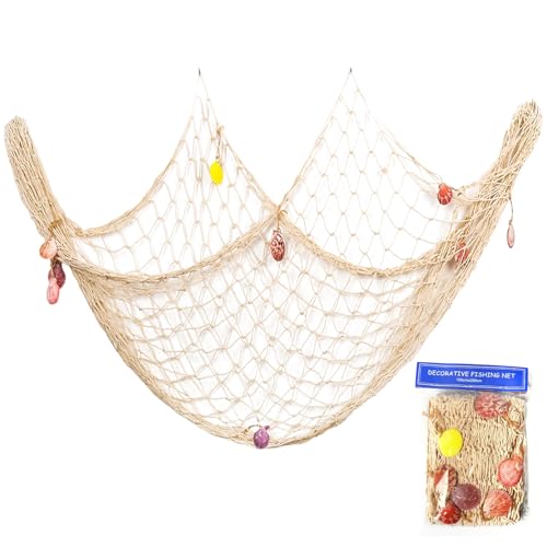 Durdiiy Fischernetz Deko mit Muscheln, 150cm x 200cm Wand Dekoration Strand Themen Wandbehang für Party Home Hochzeits Fotografieren (Beige) von Durdiiy