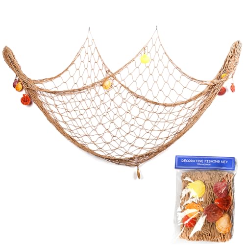 Durdiiy Fischernetz Deko mit Muscheln, 150cm x 200cm Wand Dekoration Strand Themen Wandbehang für Party Home Hochzeits Fotografieren (Flachs) von Durdiiy