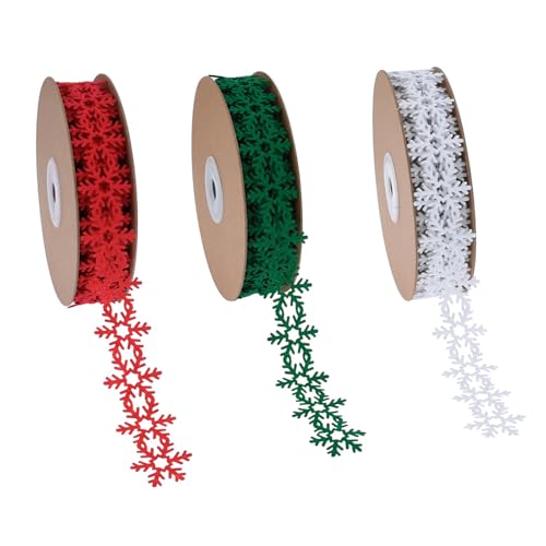 Weihnachts-Schneeflockenband, einfarbig, Schneeflockenband zum Basteln, rot, grün, weiß, Schneeflockenform, für Weihnachtsdekoration, Geschenkverpackung, 25 mm x 9 m, 3 Stück von Durdiiy
