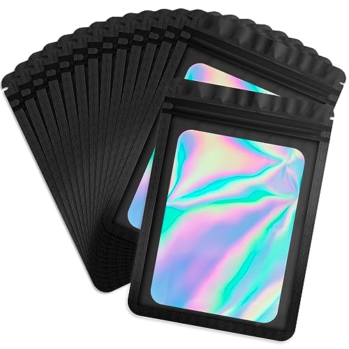 Durimoiy 100-Pack Mylar-Beutel mit klarem Fenster holographische wiederverschließbare Verpackungsbeutel versiegelbaren Reißverschluss Beutel Probe Taschen,10.5×15 cm,schwarz von Durimoiy