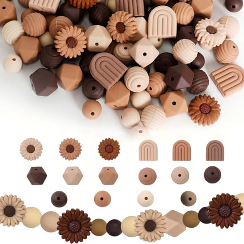 Duscdesp 112 Stück Silikonperlen Blumenperlen Set, Rubber Lose Gänseblümchen Regenbogen farben Silikon Perlen Bulk mit Nylonseil für DIY Fädelperlen, Schlüsselanhänger Basteln, Armband (Braun) von Duscdesp