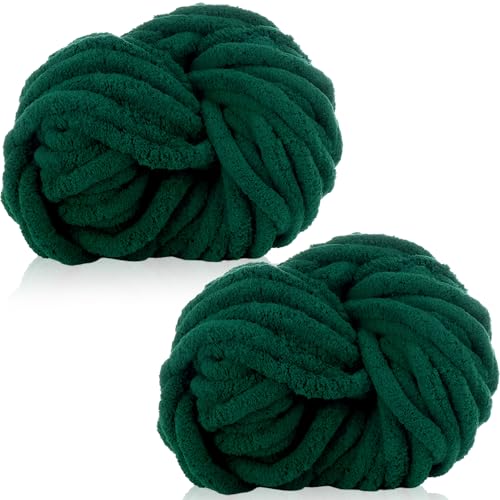 Duscdesp 2 Stück Dicke Wolle Garn 2 X 250g Chenille Chunky Wolle, Weiche Armstricken Wolle zum Stricken und Häkeln XXL Chenille Wolle Yarn für Decken, Kissen, Schals, Mützen (Dunkelgrün) von Duscdesp